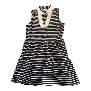 Eliza J Striped Navy & White Tiered Mini Dress w Contrast Collar Golf Preppy - M